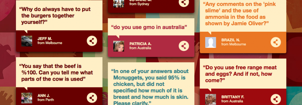 Consumer questions from McDonald's Australia "Our Food. Your Questions." transparency campaign.